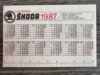 !Dobový kapesní kalendář Škoda Export Motokov 1987